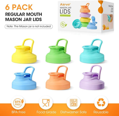 6 Pack Mason Jar Lids, Regular Mouth Pour Spout Lid with Flip Top, Canning Lids for Ball Mason Jars to Drinking & Storing Milk Coffee Lemonade Salad Dressing, Reusable, Leak-Proof