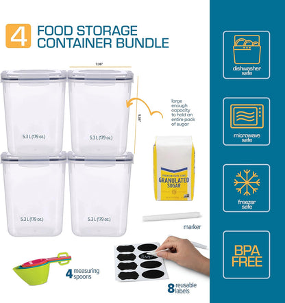 Flour Sugar Storage Containers (5.3L/4Pk) Great Rice Canisters Sets for the Kitchen Pantry, Large Food Storage Containers with Lids Airtight