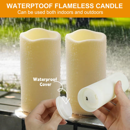Remote-Controlled Flameless Pillar Candles, 9-Pack Large Outdoor LED Battery-Operated Ivory Votive Flickering Lights