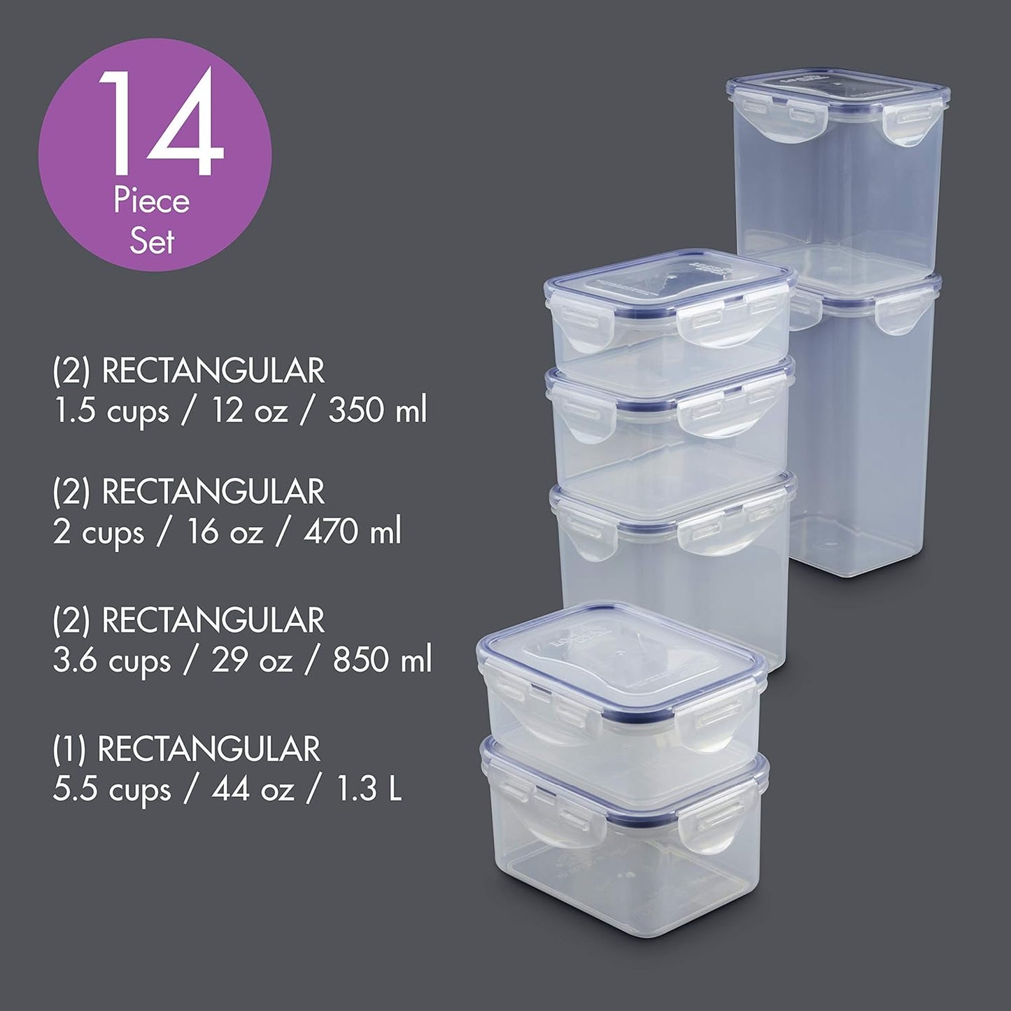 Easy Essentials Food Storage Lids/Airtight Containers, BPA Free, 14 Piece - Tall Rectangle, Clear